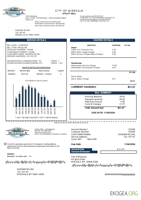 Modèle de facture de services publics de la ville de Missoula aux États Unis aux formats Word et PDF